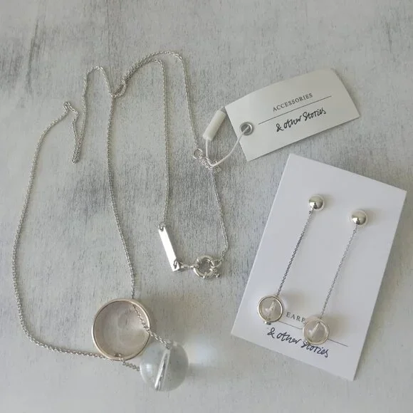 & OTHER STORIES Set of ORB PENDANT EARRINGS SILVER & Clear and Matched Necklace - Picture 4 of 10